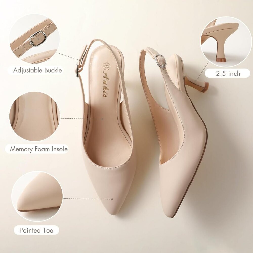 Women's Nude Nubuck Slingback Kitten Heels Closed Pointed Toe Pumps Dress Shoes - Picture 4 of 6